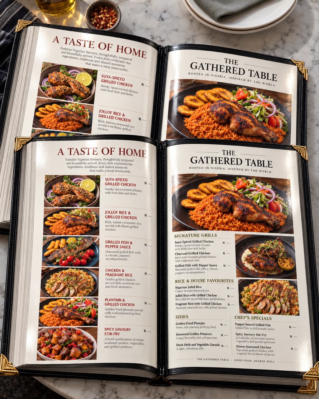 Premium restaurant menus titled A Taste of Home and The Gathered Table