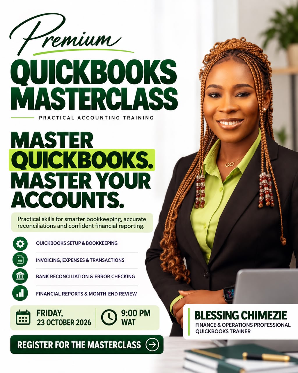 AI-designed Premium QuickBooks Masterclass promotional flyer