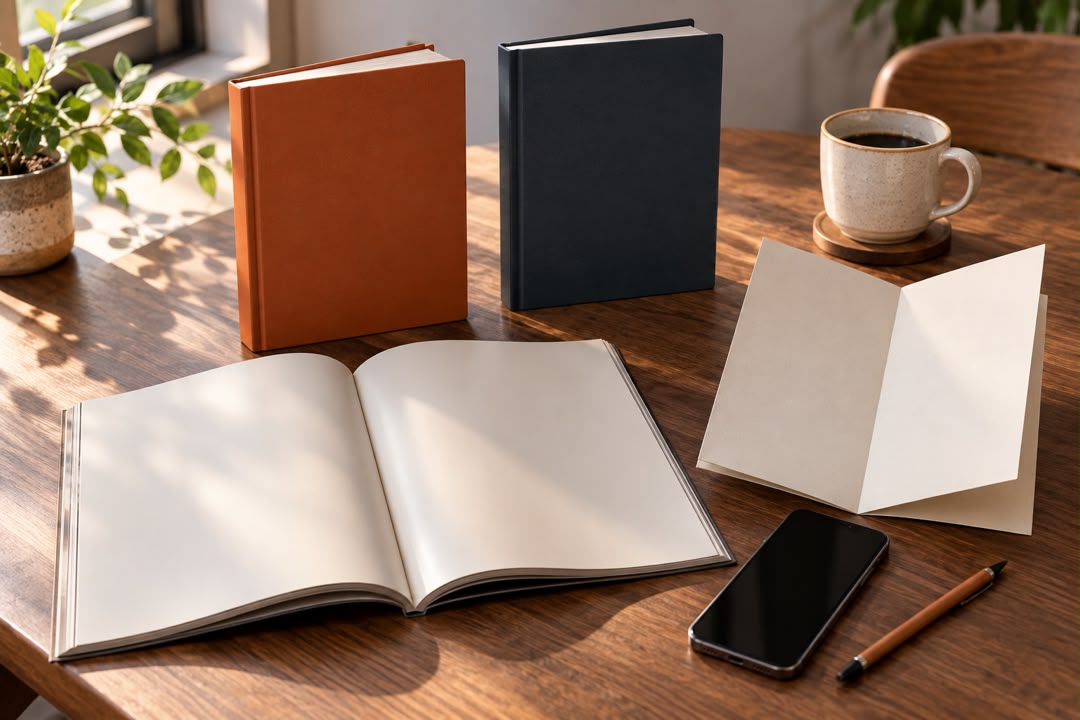 Blank books and menu on a sunlit table