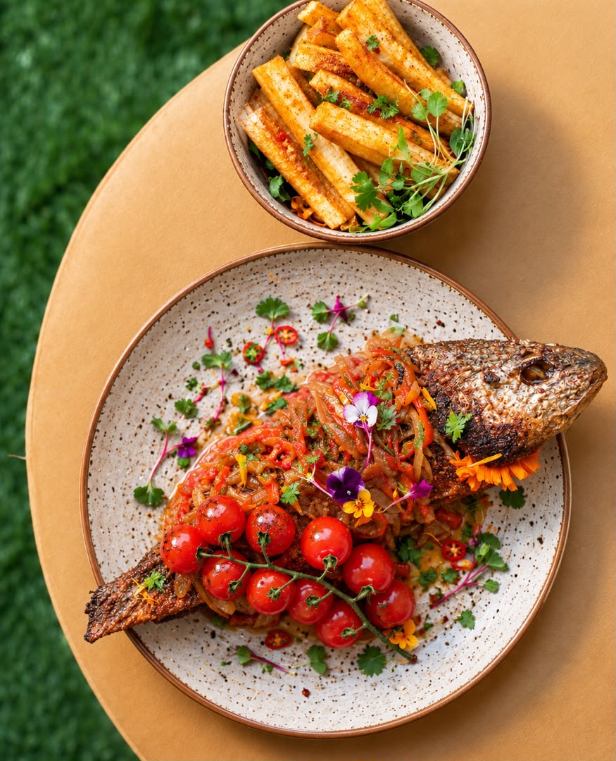 Grilled fish with cherry tomatoes and yam chips