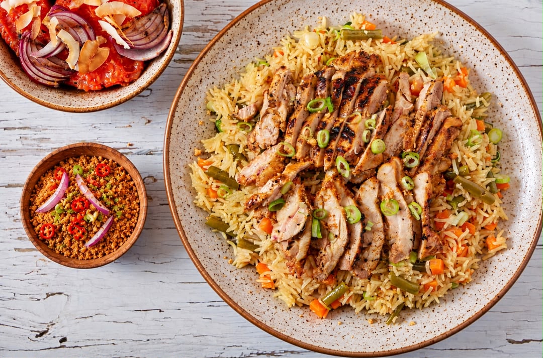 Fried rice with sliced grilled chicken
