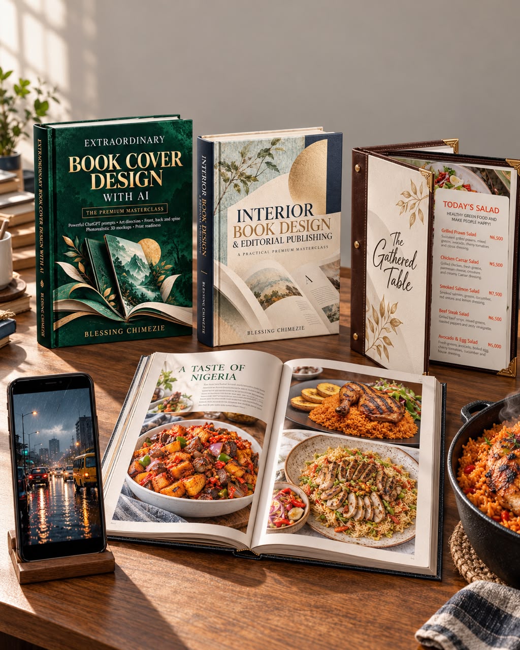 A sunlit desk with AI-designed book covers, an open Nigerian cookbook, a restaurant menu and a phone showing a film still