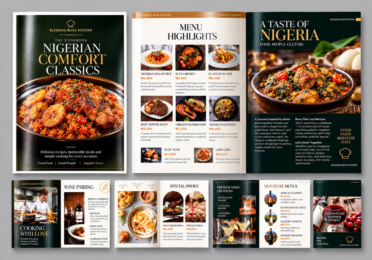 Nigerian Comfort Classics cookbook cover and spreads