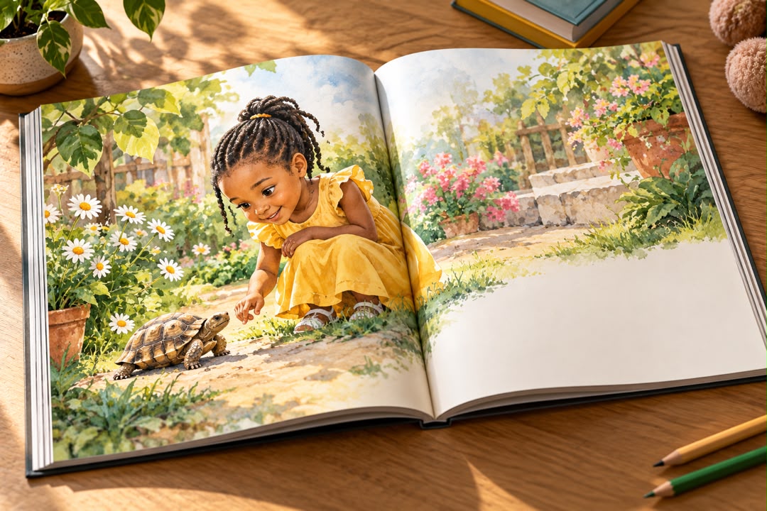 Open illustrated children's book showing a girl and a tortoise in a garden