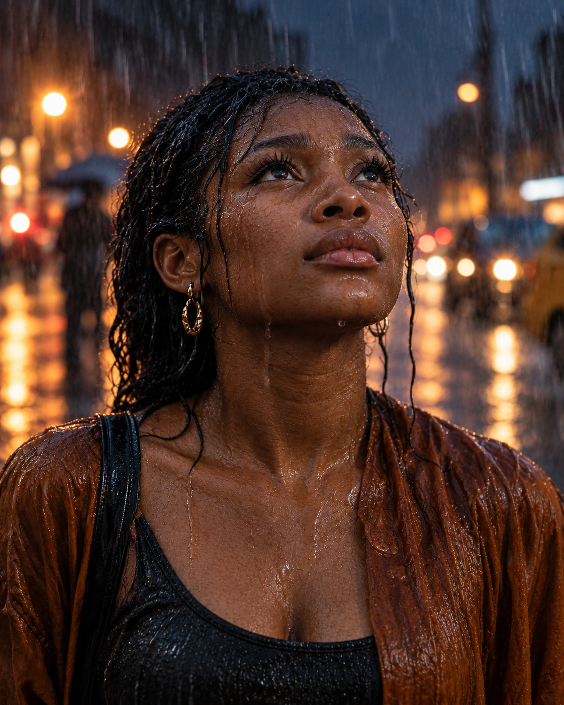 Woman looking up in the rain on a city street at night