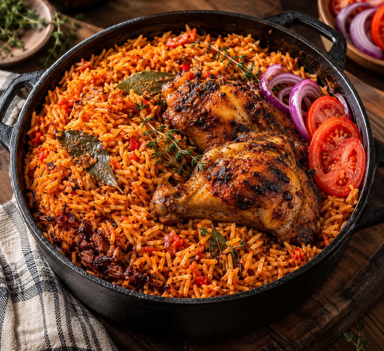 Smoky jollof rice with grilled chicken in a cast-iron pot