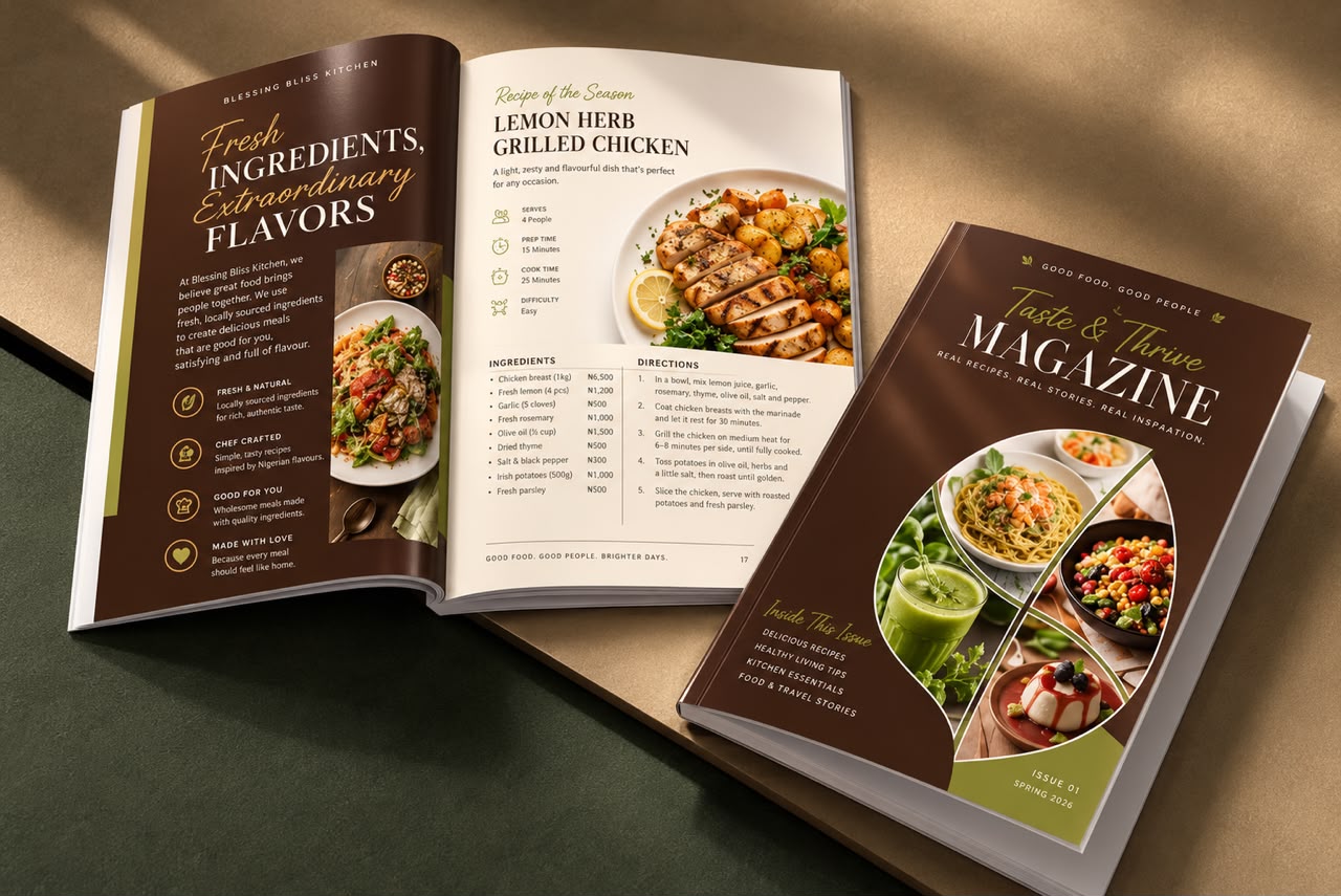 Taste and Thrive food magazine cover and recipe spread